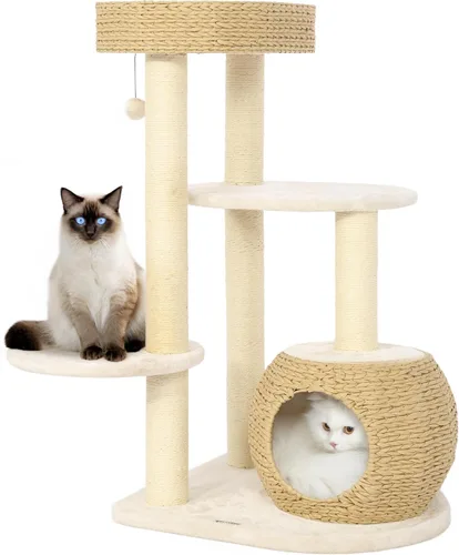 Miniatura 11 de KAMABOKO Árbol moderno para gatos, 39 pulgadas de alto para gatos de interior, condominio natural con postes rascadores, torre tejida a mano