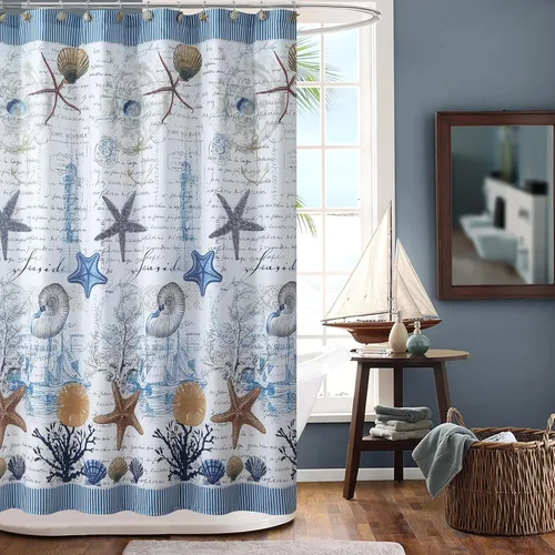 Miniatura 7 de Cortina de ducha náutica costera de tela, cortina de ducha de conchas marinas y estrella de mar de tema azul de playa y océano para baño, cortinas