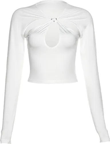Miniatura 4 de Remidoo Camiseta corta de manga larga con cuello redondo y corte ajustado para mujer