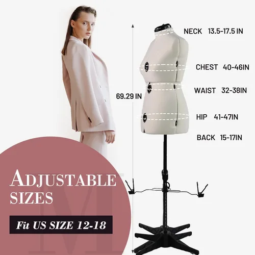 Miniatura 5 de Formas de vestido para costura, maniquí femenino beige ajustable talla 12-18, cuerpo de modelo que se puede alfiletear con 13 diales y guía