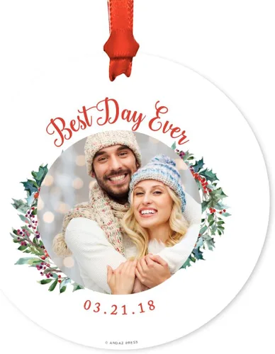 Miniatura 27 de Andaz Press Adorno de Navidad de metal personalizado con foto, bebé, corona dorada de vacaciones, fecha del nombre del bebé, 1 paquete, incluye