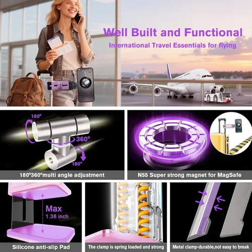 Miniatura 8 de Soporte de teléfono para avión, artículos esenciales de viaje para mujeres, soporte magnético para teléfono para MagSafe, imán fuerte N55, giratorio