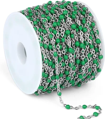 Miniatura 13 de Cadenas de esmalte dorado de 33 pies a granel, 2 mm, chapadas en oro de 18 quilates con PVD, acero inoxidable 304, cadena de eslabones con cuentas