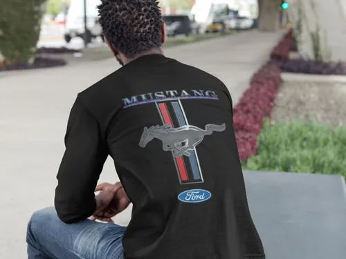 Miniatura 7 de Ford Mustang Pony Racing Stripe 5.0 Muscle Cars Camiseta de manga larga con estampado delantero y trasero Negro