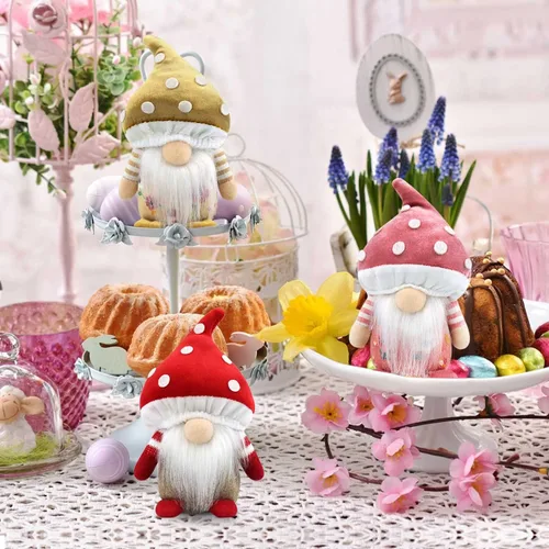 Miniatura 4 de Gehydy Juego de 3 gnomos de primavera, decoración de hongos, verano, Pascua, gnomo, decoración hecha a mano para el hogar, cocina, bandeja escalonada