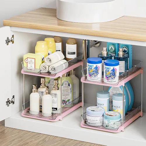 Miniatura 17 de Delamu - Organizadores y almacenamiento de 2 niveles para debajo del fregadero del baño, multiuso, apilables, organización de cocina y despensa