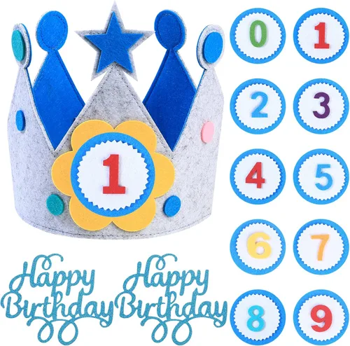 Calcomanías 3D para niños y niñas, corona de tela, regalo de fiesta, decoración de cumpleaños, corona de 0 a 9 números reemplazables Azul