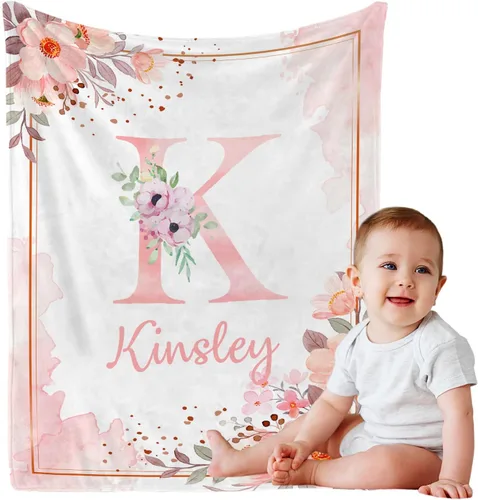Manta de bebé personalizada con nombre, manta personalizada con nombre floral para niñas pequeñas, mantas de franela suave, regalo conmemorativo 01