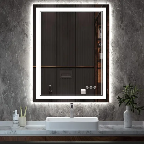 Miniatura 24 de Espejo LED, 20 x 28 pulgadas, gradiente frontal y retroiluminado LED, espejo de baño LED de 3 colores regulables CRI>90, IP54, espejo de baño
