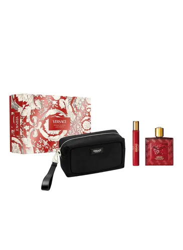 Versace Eros Flame - Set de regalo de 3 piezas para hombre (3.4 onzas Eau De Parfum Spray + Eau De Parfum Spray de 0.34 oz + bolsa)