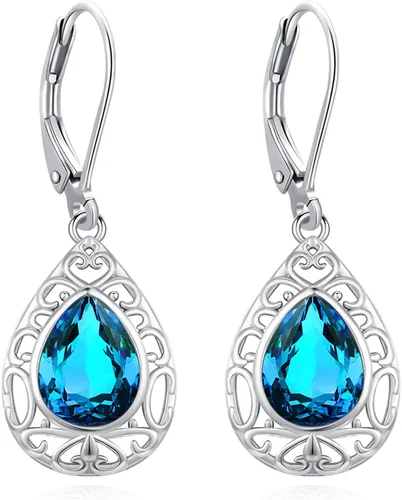 Miniatura 155 de Aretes colgantes de plata de ley con diseño de árbol de la vida, flor, abeja, animales, gato, colibrí, piedra lunar, turquesa, aretes con cierre