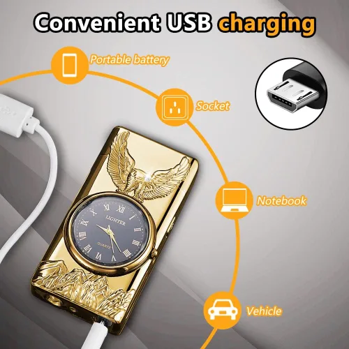 Miniatura 4 de Reloj de Bolsillo con Encendedor de Doble Arco de Plasma Eléctrico con Reloj LED y Linterna, Encendedor USB-C Recargable a Prueba de Viento, Regalo