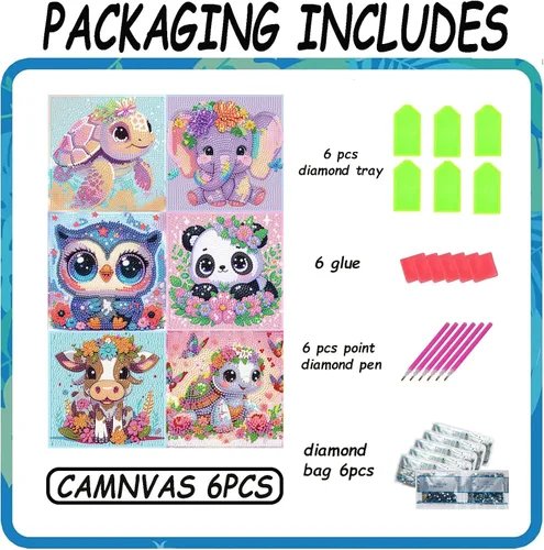 Miniatura 5 de Acelii Paquete de 6 kits de pintura de diamantes de dibujos animados 5D para niños principiantes, lindos animales, kit de arte de diamantes