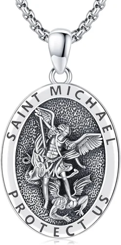 LOOVE Collar de plata de ley 925 de San MiguelSan CristópaloCrucifijo de JesúsSan BenitoVirgen María milagrosa para hombres y mujeres arcángel