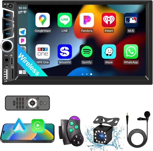 Estéreo de Coche de 7" Doble DIN con Apple CarPlay Inalámbrico, Radio de Coche Integrado Bluetooth 5.2, Pantalla Táctil IPS 1024x600, Radio FM,
