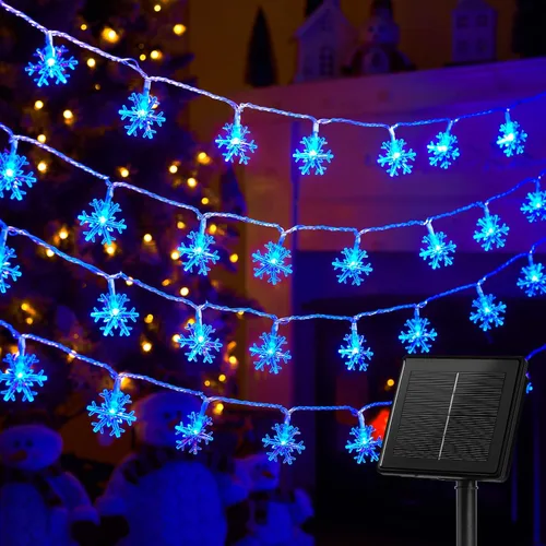 Miniatura 13 de Brightown Guirnalda de luces solares de copo de nieve de Navidad, paquete de 2 unidades, 100 luces LED de 78 pies para exteriores, impermeables
