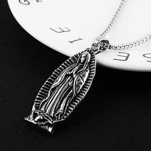 Miniatura 2 de HZMAN Collar colgante de acero inoxidable con cadena de trigo de acero inoxidable con cadena de trigo de Nuestra Señora de Guadalupe