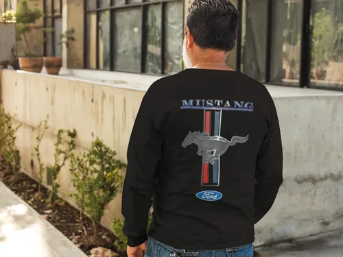 Miniatura 2 de Ford Mustang Pony Racing Stripe 5.0 Muscle Cars Camiseta de manga larga con estampado delantero y trasero Negro