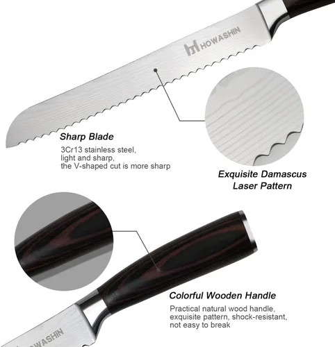 Miniatura 5 de Cuchillo de pan de 8 pulgadas afilado profesional cuchillo de cocina alemán de alto carbono cuchillo de cocina ergonómico color mango de madera
