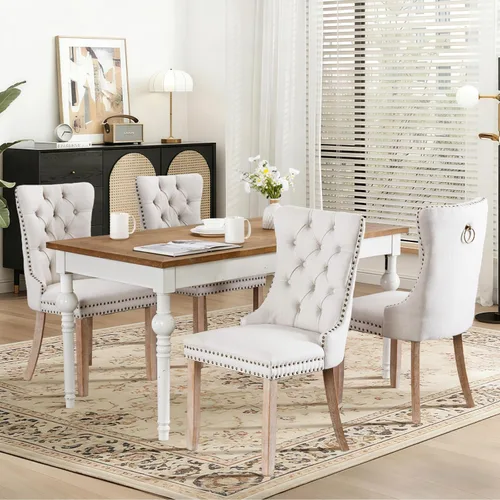 Miniatura 112 de Juego de 4 sillas de comedor de terciopelo, sillas de comedor tapizadas con ribete de cabeza de clavo y patas de madera maciza para cocina