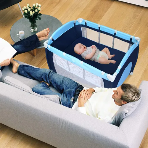 Miniatura 8 de HONEY JOY Empaca y juega con moisés, 4 en 1 portátil para bebé con cambiador, red y juguetes lindos, bolsa de almacenamiento de pañales, caja de Azul