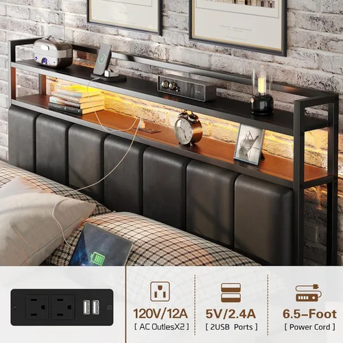 Miniatura 4 de Marco de cama tamaño twin con estación de carga y luces LED, marco de cama de metal con cabecero, cabecera tapizada negra con estantes