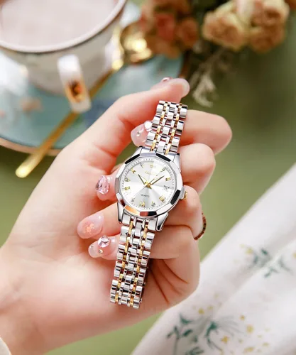 Miniatura 2 de OLEVS Reloj de pulsera para mujer, de acero inoxidable, de dos tonos, de acero inoxidable, analógico, de cuarzo, para mujer