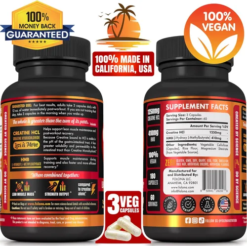 Miniatura 2 de Cápsulas de creatina HCl con HMB - Suplemento de entrenamiento para hombres y mujeres, constructor muscular, resistencia, fuerza, superior al