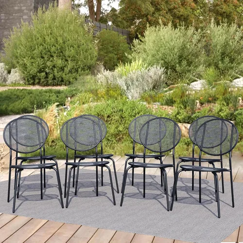 Miniatura 16 de Juego de 2 sillas de comedor para patio, sillas de comedor apilables negras para exteriores, juego de muebles de patio de metal para jardín, patio