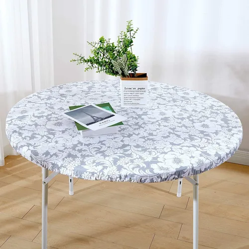 Miniatura 14 de Mantel redondo de vinilo de plástico ajustable con parte trasera de franela y borde elástico, protector de mesa impermeable para mesa de comedor