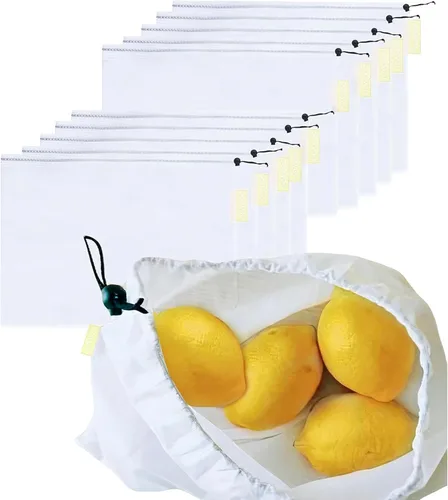 Miniatura 15 de purifyou Juego de 9 mini bolsas de lona de algodón orgánico reutilizables con cordón para comprar comestibles, productos secos, artículos esenciales