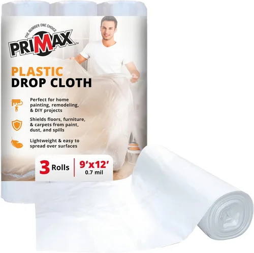 PRIMAX Paño de plástico para pintores – 9 x 12 pies – Paquete de 3 – Lona de pintura impermeable – Tela de caída para pintura – Cubierta de suelo