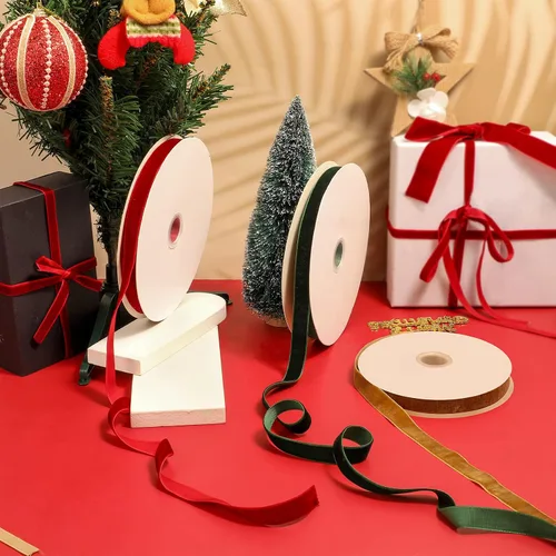 Miniatura 2 de Patelai 3 rollos de cinta de terciopelo de Navidad de 75 yardas, carrete de cinta de terciopelo vintage, rollo de cinta de terciopelo verde, rojo