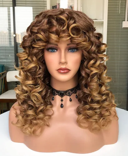 Miniatura 10 de Pelucas afro rizadas para mujeres negras, peluca larga y rizada con flequillo, fibra sintética esponjosa, sin pegamento, para cosplay y uso diario