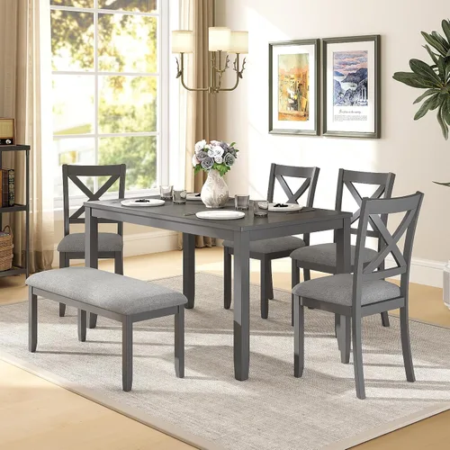 Miniatura 8 de Zevemomo Juego de mesa de comedor de madera maciza de 6 piezas, incluye 1 mesa de comedor, 4 sillas tapizadas y 1 banco, juego de mesa de comedor
