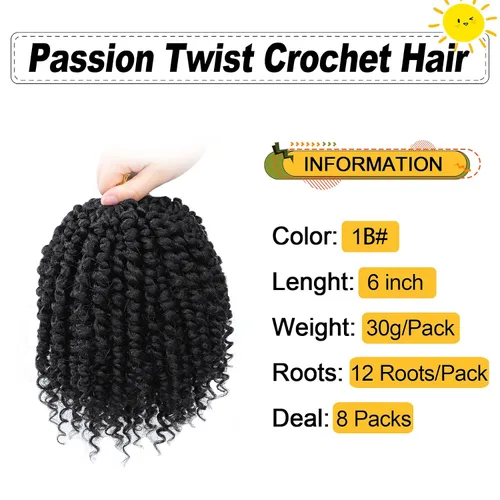 Miniatura 3 de Karida Pelo de ganchillo Passion Twist de 6 pulgadas, 8 paquetes, pelo pretrenzado de ganchillo Passion Twist para mujeres negras, pelo rizado