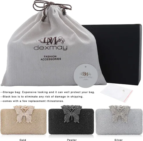 Miniatura 6 de Dexmay - Bolso de noche para mujer con cierre de mariposa y diamantes de imitación