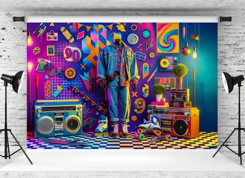 Miniatura 2 de Telón de fondo retro de los años 90 de 5 x 3 pies con elementos de neón coloridos de los años 90, para patineta, boombox, fondo para hip hop, rap