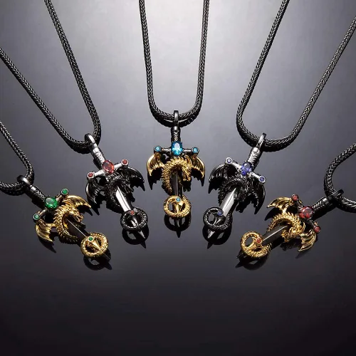 Miniatura 2 de Collar de dragón vintage con piedras natales personalizadas en espada, regalo de joyería de aniversario para él y hombres, colgante punk