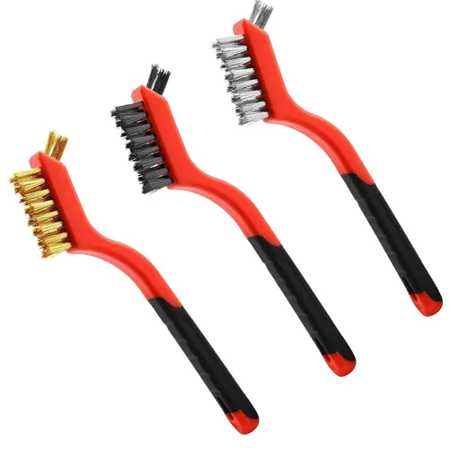 Miniatura 9 de Juego de 3 cepillos de alambre, cerdas de nailon/latón/acero inoxidable con mango curvado para limpieza con mango curvado para eliminación de óxido