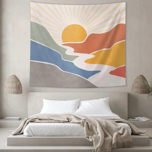 Miniatura 5 de SUOTEMEIFEI Tapiz bohemio de sol de montaña, arte simple, diseño de amanecer, naturaleza, puesta de sol, paisaje, abstracto, estético, decoración