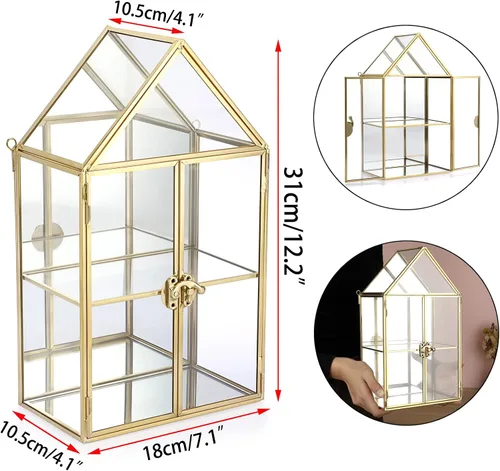 Miniatura 2 de ELLDOO Caja de almacenamiento de cristal transparente de 2 niveles, estuche organizador de maquillaje de joyería con espejo dorado, caja de torre
