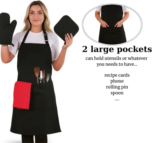 Miniatura 5 de Juego de delantales de 3 piezas; delantal de cocina ajustable, guantes de horno resistentes al calor, soporte para ollas I 482 °F I Delantales