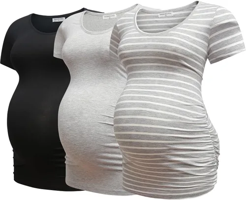Bearsland - 3 Camisetas de maternidad para mujer, camisetas clásicas de manga corta con lateral fruncido para madres, ropa de embarazo