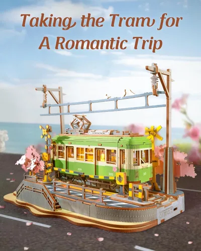 Miniatura 2 de Rolife Sakura Journey Tram - Rompecabezas de madera 3D para adultos, kits de construcción de modelos de bricolaje con luces LED, regalo creativo