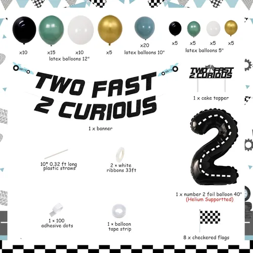 Miniatura 6 de Two Fast Two Curious - Decoraciones de cumpleaños, suministros de fiesta de coche de carreras, kit de arco de guirnalda de globos Let's Go Racing