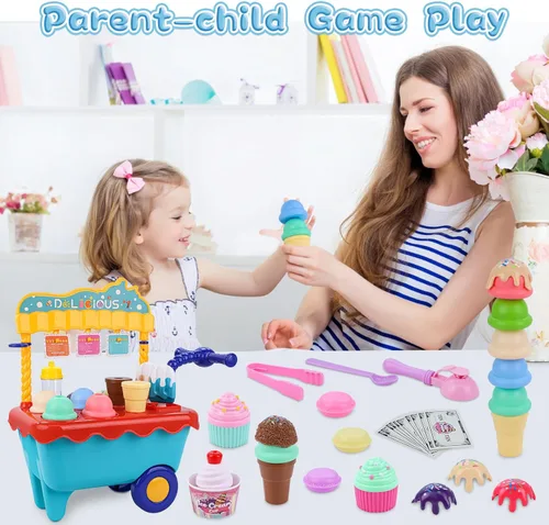 Miniatura 8 de Gifts2U Carrito de helado de juguete para niños, juego de 45 piezas de helado, tienda de juegos de simulación con carrito de almacenamiento