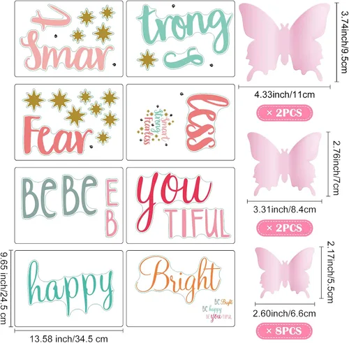 Miniatura 3 de Chinco 20 hojas de calcomanías de pared con citas inspiradoras para niñas, 12 hojas de mariposa 3D rosa pastel, inteligente, fuerte, sin miedo, sé