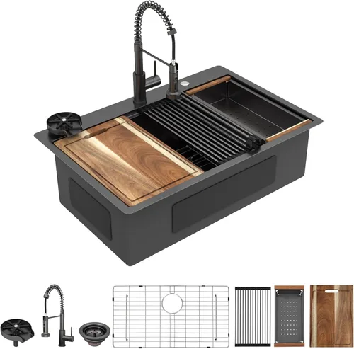 Miniatura 16 de 13"x15" Fregadero de barra de montaje en encimera para preparación – Negro metalizado NANO-PVD, acero inoxidable 304 calibre 16, tazón individual