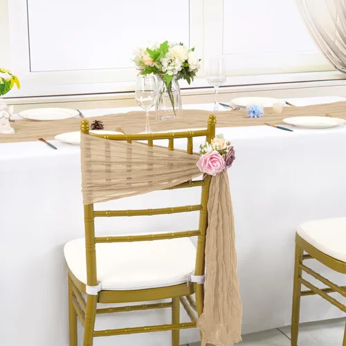 Miniatura 4 de YMHPRIDE 50 bandas para sillas de gasa de boda, diseño de lazos, para bodas, fiestas, banquetes, restaurantes, hoteles, fundas plegables para Beige